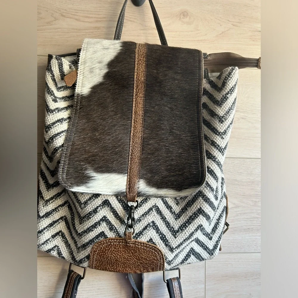 Myra Chevron Brown and White Patterned Backpack with Cowhide Flap.